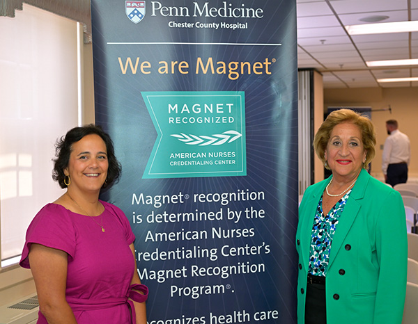 Rosanna Catania-Venuto, MSN, RN, CNML, Director of Nursing Quality, Professional Practice and Angela Coladonato DNP, RN, NEA-BC, Chief Nursing Officer at Chester County Hospital, celebrate the Magnet redesignation. 